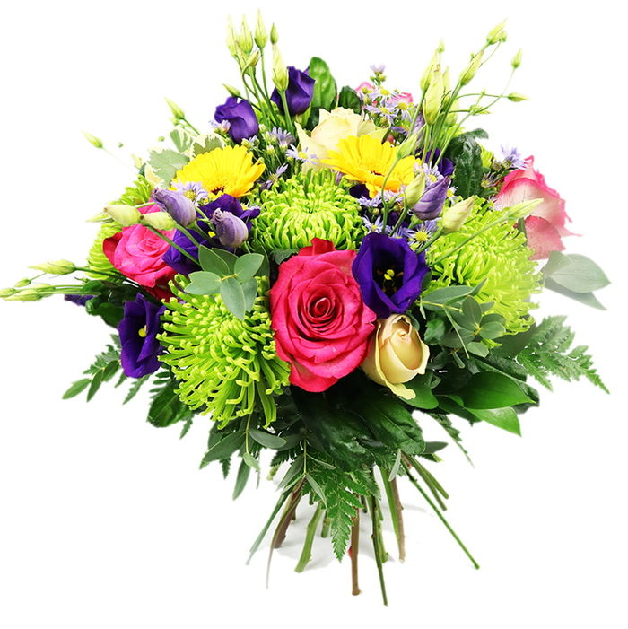 This image captures a vibrant, dome-shaped hand-tied bouquet set against a neutral white background, allowing every colour and texture to stand out with clarity, much like a bright splash of colour against the brick terraces of Charlton. At its heart, two or more fully opened fuchsia roses take centre stage, their plush, velvety petals curling outward in generous spirals that speak of elegance and romance. Around them, lively lemon-yellow gerbera-style blooms are dotted throughout, their wide, layered petals framing dark centres that resemble miniature suns, radiating cheerful warmth. Adding bold, contemporary flair are several lime-green spider chrysanthemums; their fine, elongated petals extend in every direction, creating feathery, spiky spheres that contrast beautifully with the rounded rose heads. Deep indigo and royal purple lisianthus flowers thread through the composition, their bell-like blossoms and slender buds adding depth and a regal touch. Near the lower portion, a single creamy yellow rosebud, still tightly furled, introduces a softer, more understated note. Tiny lavender and periwinkle filler flowers tuck into the spaces between larger blooms, while slender pale buds reach upwards, enhancing the sense of movement. The whole arrangement is anchored by an abundance of foliage: glossy dark leaves, airy fern fronds, and rounded, eucalyptus-style greenery spill out gently, giving the bouquet a natural, slightly untamed edge. The neatly bound stems at the bottom show this is a hand-tied design, ready to drop into a vase in a Charlton living room or placed on a kitchen table overlooking Woolwich Road. The bouquet exudes joy, celebration, and thoughtful care, ideal for local deliveries marking birthdays, anniversaries, or simply sending a burst of seasonal colour.
