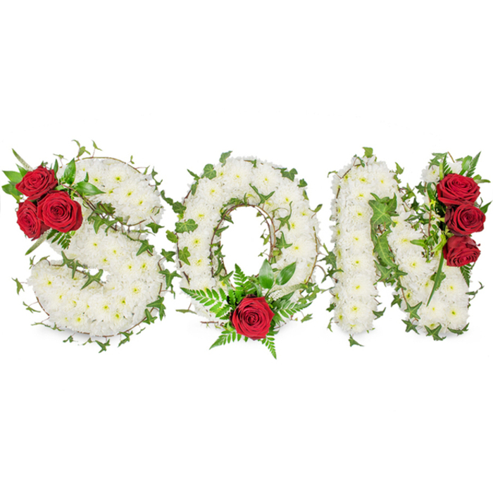 Set against a clean white background, this crafted funeral tribute spells SON in bold, capital letters made from a dense carpet of small white spray chrysanthemums, each bloom tightly packed to form smooth, pillow-like letters that convey serenity and purity. Woven through the white are sweeping strands of deep green ivy that follow the contours of the S, O and N, their trailing shapes lending an organic rhythm and a sense of quiet continuity - a visual reminder of memory that holds. The ivy's darker foliage and occasional glossy sheen create supportive lines and natural texture, while sprigs of fern-like greenery at the letters' focal points add softness and movement.

Accents of sumptuous deep red roses punctuate the design with emotional clarity: a cluster of three roses rests on the S's upper left curve, a single prominent red rose sits at the bottom curve of the O framed by delicate fern fronds, and another trio of roses is placed along the right side of the N. The roses' rich crimson tones and velvety petals contrast poignantly with the white chrysanthemums, drawing the eye to moments of concentrated affection. As a Charlton florist detail - available for thoughtful local delivery across Charlton Village, near The Valley and along Woolwich Road - this personalised letter tribute combines traditional sympathy symbolism with careful craftsmanship. Flower Delivery Charlton arranges these pieces to be visually readable from a distance and intimately meaningful up close, giving families a dignified way to honour a son at funeral services, memorials, or graveside gatherings.