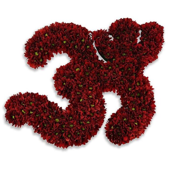 A bold, meticulously composed floral number 33 stands proud on a pure white ground, every inch formed from hundreds of small, button-like chrysanthemum blooms in a deep, burgundy-crimson hue. The two numerals are entirely built of tightly packed blossoms whose soft, layered petals create a plush, velvety surface; scattered among the red heads, tiny green centers and the occasional emerald leaf lend delicate contrast that brightens the composition and enhances the perception of living texture. The craftsmanship is evident in the uniform density and clean contours of each figure - no stray stems interrupt the silhouette - and a soft grey shadow beneath the piece makes it appear slightly raised, as though hovering gently above the tabletop. This floral sculpture carries multiple emotional readings: it may celebrate a 33rd birthday or anniversary, mark a sports jersey number with affectionate precision, or stand as a dignified memorial tribute. Delivered with care across Charlton and neighbouring Woolwich, this design embodies both festive importance and heartfelt solemnity. As a local florist at Flower Delivery Charlton, I imagine preparing this for presentation at Charlton Athletic gatherings near The Valley, or placing it in a serene corner at Charlton Park during an anniversary celebration; its strong visual presence reads clearly across a crowded room yet retains a softness up close. The white backdrop and subtle shadowing emphasize the depth of the crimson, while the compact arrangement of blooms invites touch and fosters a sense of enduring warmth - a floral numeral that speaks to milestone, memory, and the quiet joy of communal moments.