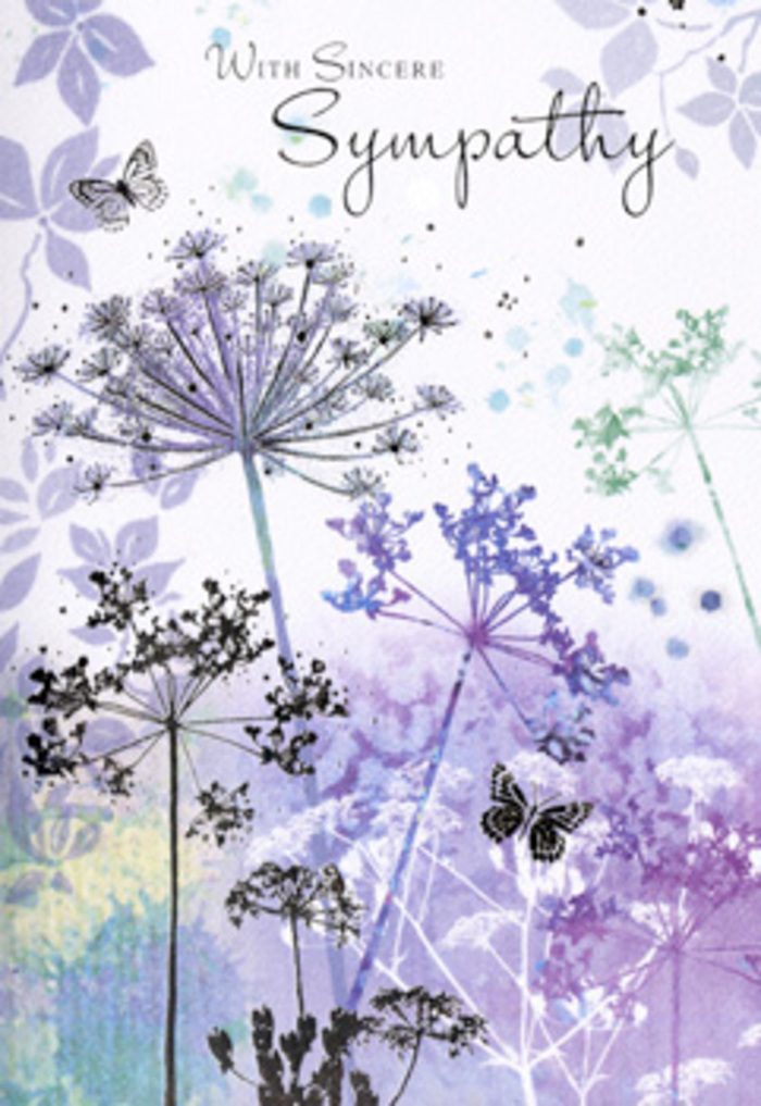 The design of this funeral sympathy card brings to mind the tranquil corners of Charlton's green spaces on a still, overcast day. Across the inner fold, tall, slender wildflower stems stretch upward, their umbel-shaped flower heads spreading out like delicate lace against a dreamy wash of lavender, heather purple, and muted blue-grey. Each bloom is intricately detailed yet softly edged, with filigree lines suggesting countless tiny petals and seeds, as if the artist studied real seed heads swaying near Charlton House gardens. The background is layered in gentle watercolour, with silvery greens and soft lilacs drifting together, giving the impression of a distant, blurred meadow or lightly misted horizon. Two butterflies float near the tips of the flowers, their wings tinted in subtle blues and violets, faint enough to feel like fleeting spirits of comfort, never intrusive. Light in the scene is diffuse and even, with no harsh contrast, creating a cocoon of calm, ideal for times of mourning and quiet thought. At the top, a simple line of condolence text - perhaps reading 'With Deepest Sympathy' - is written in an elegant, flowing script that harmonises with the organic shapes below. As a florist serving bereaved families in Charlton, I see how this card mirrors the tenderness of a carefully arranged condolence bouquet: understated, respectful, and full of quiet emotion. Paired with fresh funeral flowers delivered locally to a home, funeral directors, or a small chapel service, it offers a visual language of support when spoken words feel too fragile.