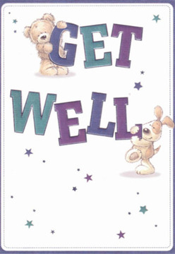 The spirit of Charlton shines in this get well card, painted with joyful energy and comforting detail. In the foreground, two charming friends-a sturdy, chocolate-toned bear and a gleeful puppy with oversized floppy ears-join together to wish someone well. The bear clings adoringly to the word 'GET,' its paws almost tracing the deep strokes of indigo, while the puppy's playful nose nudges the 'WELL' below, shaded in teal and purple. Around them, a constellation of starbursts gleams, their blues and purples echoing the colours of wildflowers found on walks through Maryon Park, suggesting hope and possibility. The card's clean white background provides a sense of brightness and health, a gentle nod to the desire for clarity and calm when one isn't feeling strong. The expressive faces of both animals communicate a profound kindness and encouragement, their fur textures softly defined to evoke an almost real sense of touch. Their innocent companionship lifts the mood, much like receiving a bouquet delivered to your doorstep in Charlton. Every aspect-the confident font, the scattering of stars, even the tactile softness of the characters-speaks of care and genuine intention. Sending this card is akin to presenting a loved one with a bouquet of locally crafted blooms: it is an act of warmth and optimism, designed to brighten recovery and share a message of hope with unmistakable Charlton charm.