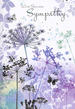This sympathy card, often chosen by families in Charlton for its gentleness, opens to reveal a serene illustration in cool, comforting tones. Tall, spidery stems carry lace-like umbels, each tiny floret hinted at with fine, careful strokes in shades of violet, dusky lilac, and soft blue, much like wildflowers you might glimpse along the edges of Woolwich Road or in a sheltered corner of Hornfair Park. The blossoms feel both fragile and enduring, their silhouettes slightly translucent against a misty backdrop of muted purples and silvery greens. The artist's watercolour technique creates soft gradients that melt into one another, suggesting early morning light filtering through a light fog, with no hard lines to disturb the sense of peace. Among the ethereal flowers, delicate butterflies hover and drift, their wings just lightly outlined, capturing that moment when time seems to slow during reflection and remembrance. The overall effect is of quiet movement and gentle air, as though the scene were breathing. Above the floral meadow, a modest sympathy message in flowing script offers condolences without overpowering the image. The card feels like a tender companion to a condolence arrangement or funeral sheaf, the sort we might prepare locally for delivery across Charlton, from the village high street towards the riverside. It carries an atmosphere of understanding and solace, allowing someone grieving to feel held but never overwhelmed, with nature's forms offering silent support.