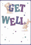 Overflowing with playful, uplifting energy, this illustrated get well card beautifully captures the heartwarming spirit known throughout Charlton. Against a creamy, inviting background, a soft brown teddy bear and a sprightly puppy spring into view-both closely engaged with the vivid message in front of them. The bear joyfully hugs the arching letters of 'GET,' shaded in lively indigos, while the puppy nestles the 'WELL,' its teal and purple hues shining out in quiet confidence. Starbursts in an array of blues and purples dance across the scene, reminiscent of stars peeking out over The Valley after dusk, infusing the moment with hope and a touch of magic. The careful illustration-visible in the plush fur of the bear and the puppy's velvety, floppy ears-brings a sense of comfort and approachability, like the familiar touch of a comforting hand-picked bouquet from a Charlton florist. The bold, rounded typography radiates celebration, while the pristine whiteness behind allows every detail to breathe and shine. Each thoughtful brushstroke evokes genuine kindness, care, and a sense of gentle healing-making this card, much like the best local flower arrangements, an ideal way to express heartfelt support and optimism to loved ones recovering in Charlton.