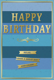A beautifully composed birthday card is pictured, its mood as calm and uplifting as a slow walk down Charlton Church Lane on a sunny morning. The entire design hinges on wide horizontal stripes of blue, shifting gently from deep navy through denim and teal to a light, airy sky blue. These layered tones create a soothing ombré effect, giving the impression of distant horizons or gentle sea waves. At the center, the words HAPPY BIRTHDAY are prominently embossed in lustrous gold foil, each capital letter neat and evenly spaced, rising slightly above the surface so they gleam when the light moves across them. Just below this main greeting lies a graceful gold flourish-an ornamental line that curls and loops in a balanced, symmetrical pattern, adding a hint of vintage charm. Beneath the flourish, three small golden banners sit in a tidy vertical stack. Each ribbon carries a warm, conversational message: Relax, have a great day and enjoy! The banners echo the gold of the central text, their embossed texture suggesting a high-quality finish you might expect from a carefully curated card display in a Charlton florist. A fine gold border encloses the design, framing the blues and tying the elements together with quiet elegance. The atmosphere of the card is peaceful yet celebratory, ideal for pairing with a fresh birthday bouquet delivered locally, and perfectly suited to someone who appreciates thoughtful details, soft colour harmony, and a heartfelt wish for a truly relaxing day.