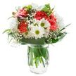 Overflowing with cheerful energy and gentle elegance, this fresh flower arrangement mirrors the welcoming spirit of Charlton. The vivid coral carnations at its heart exude warmth and movement, each ruffled petal casting delicate shadows and reflecting the morning sun found along The Village and Charlton House gardens. Around them, bright white daisies-open and youthful-frame the core, while crisp chrysanthemums and dainty baby's breath connect each flower with threads of softness and ethereal lightness. Deep green foliage, a mix of smooth, glossy leaves and slender accents, cradles the entire bouquet, ensuring every bloom is lovingly held, much as the community upholds its cherished traditions. A few unopened magenta alstroemeria buds peek from one side, introducing variation and anticipation, in the same way that spring in Charlton always promises more beauty to come. All is presented in a transparent glass vase, allowing the stems to show their health and vibrancy. This bouquet, designed by local hands and available for same-day delivery across Charlton, is perfect for birthdays, new beginnings, or simply infusing any room with natural joy and local pride. Its artistry is felt in every vivid petal and soothing green leaf.